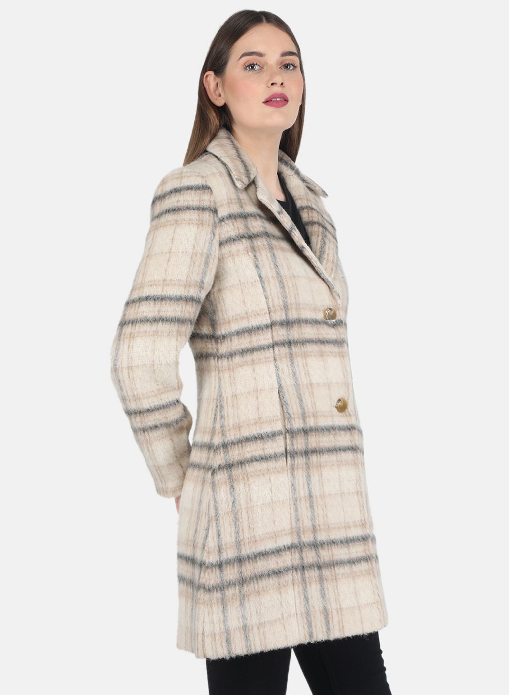 Women Beige Check Coat