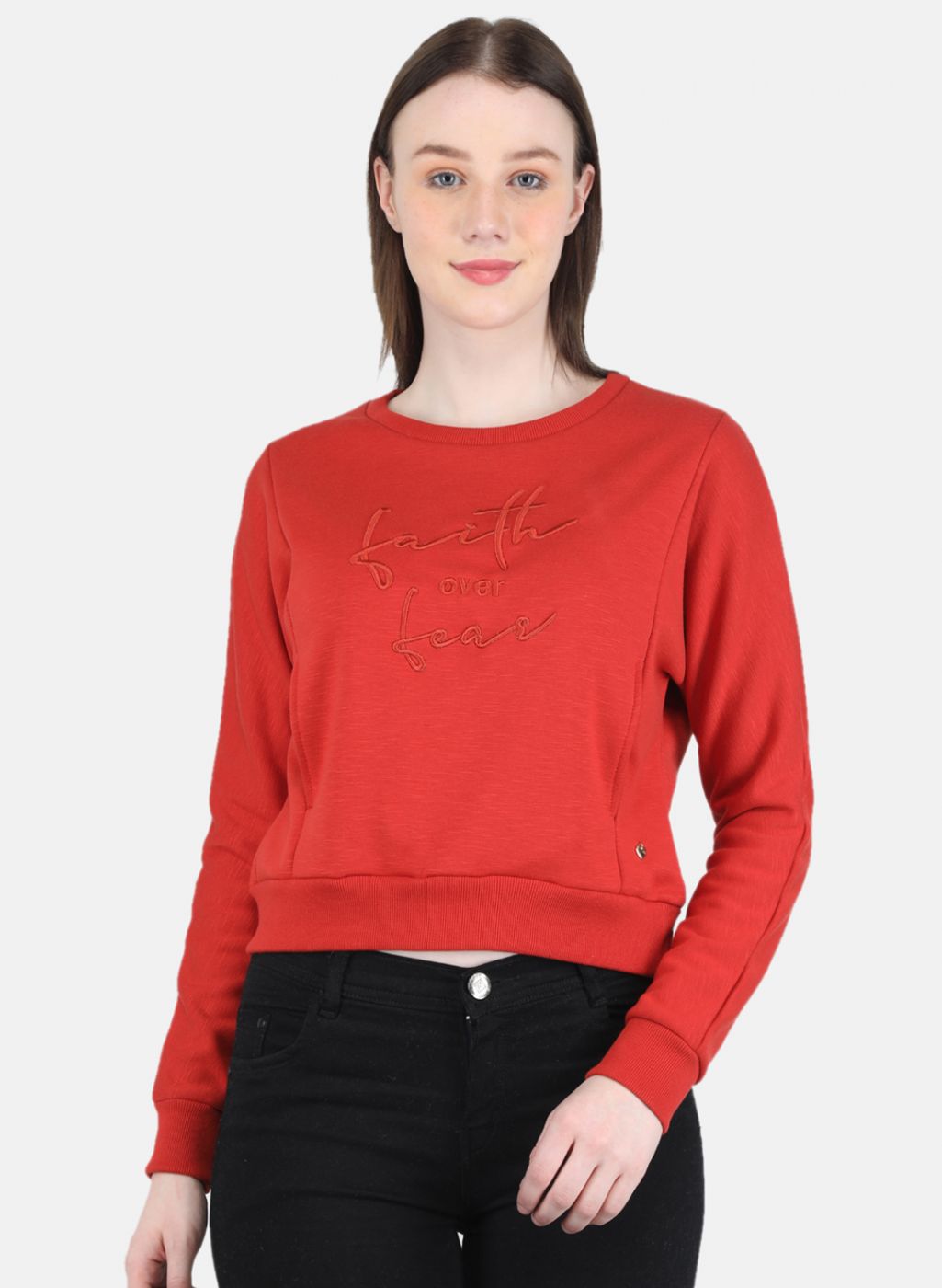 Women Orange Embroidered Sweatshirt