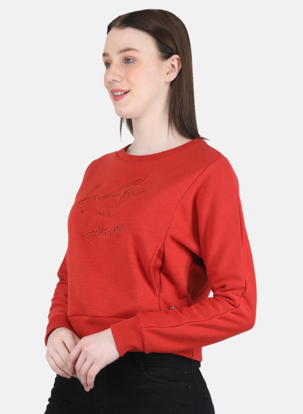 Women Orange Embroidered Sweatshirt