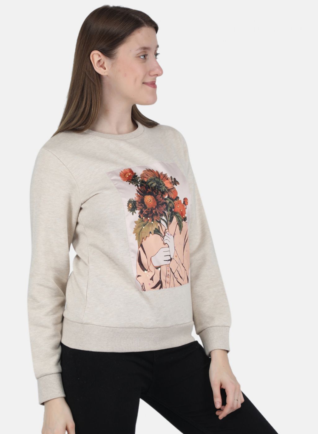 Women Beige Printed Sweatshirt