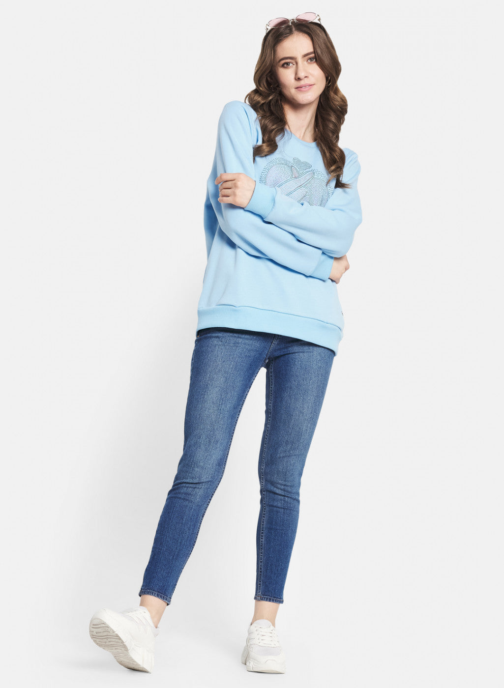 Women Sky Blue Printed Sweatshirt
