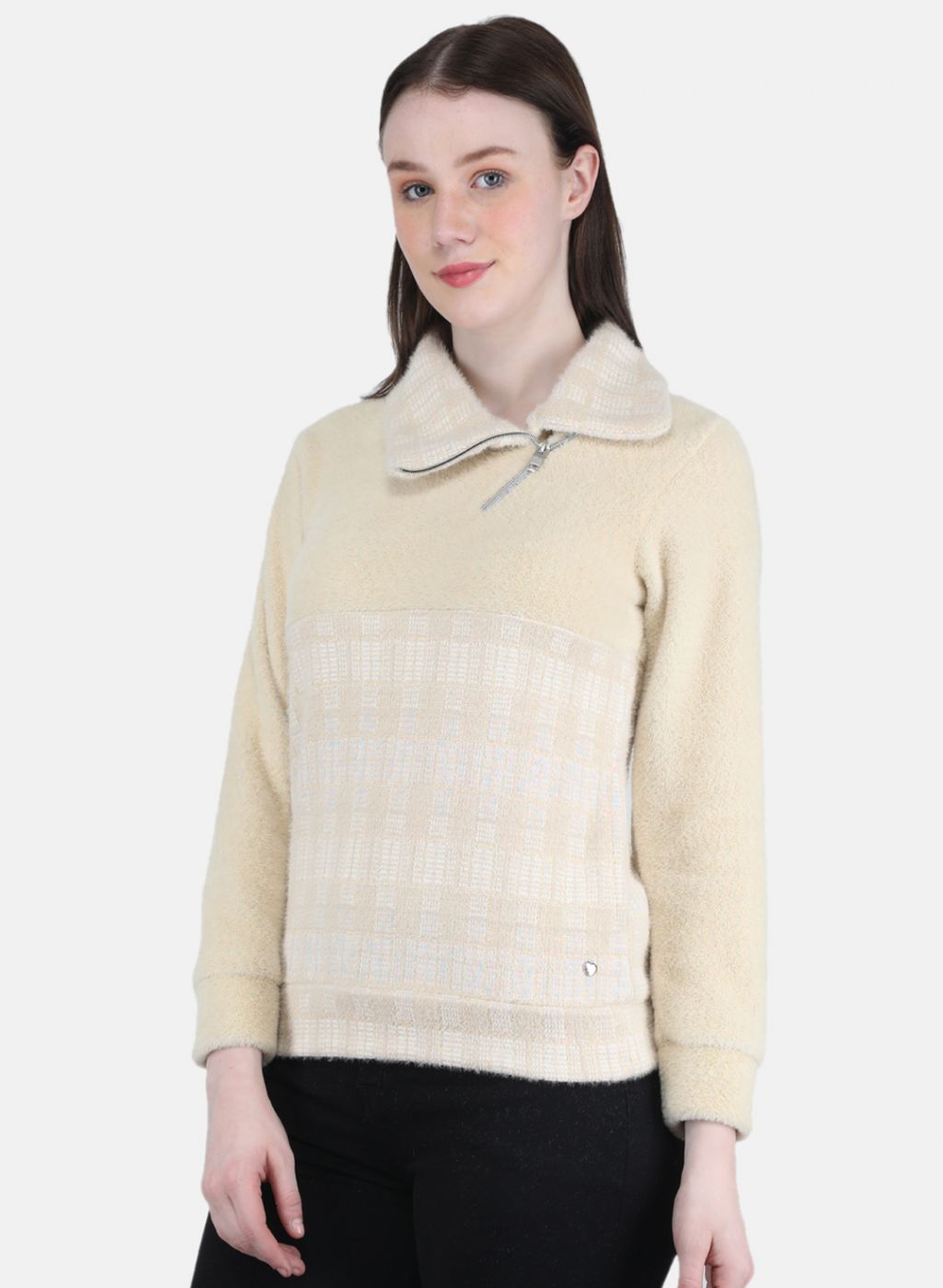 Women Beige Check Sweatshirt