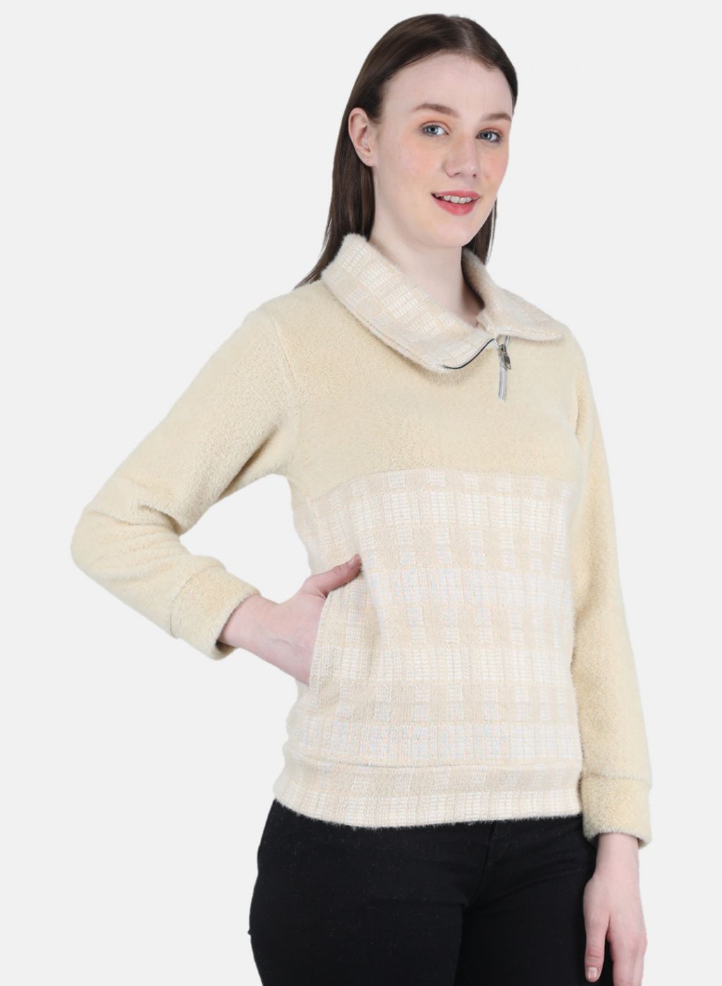 Women Beige Check Sweatshirt