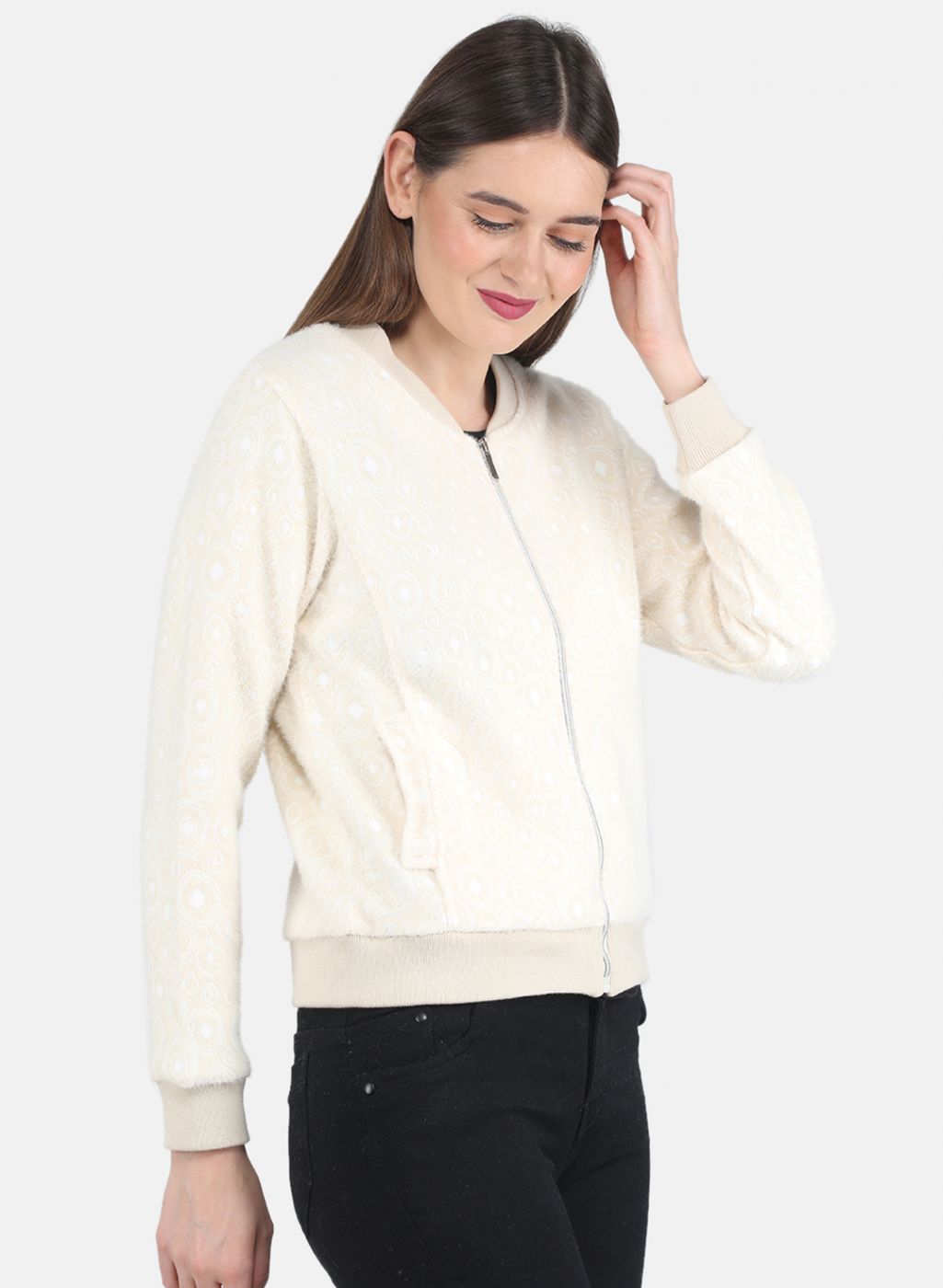 Women Beige Jaquard Sweatshirt