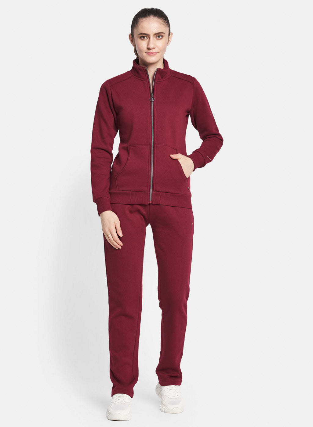 Women Maroon Solid Tracksuit