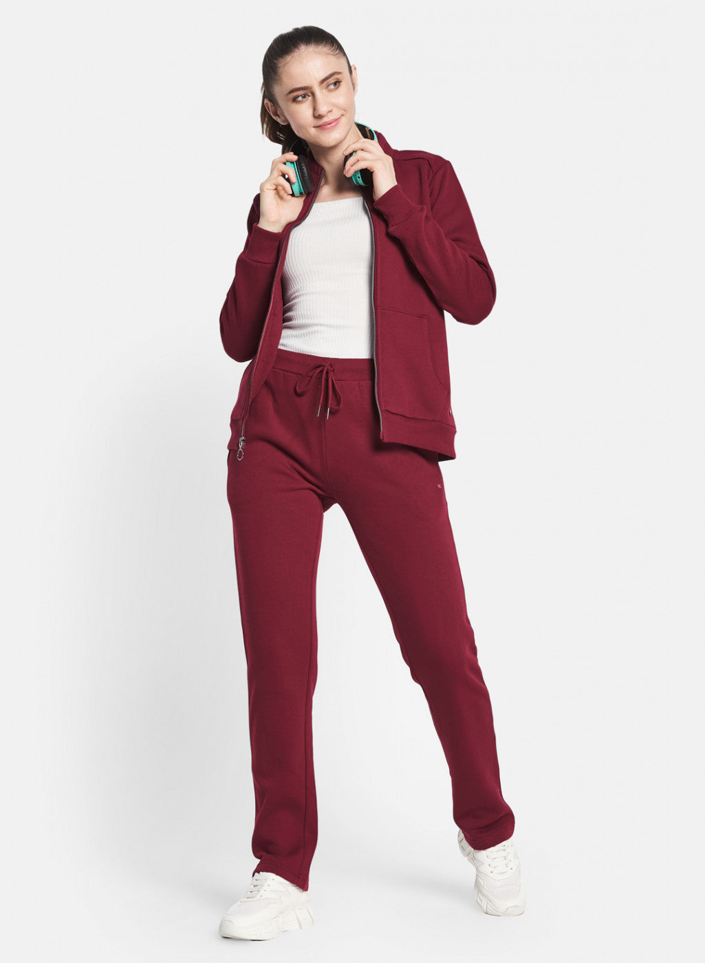 Women Maroon Solid Tracksuit