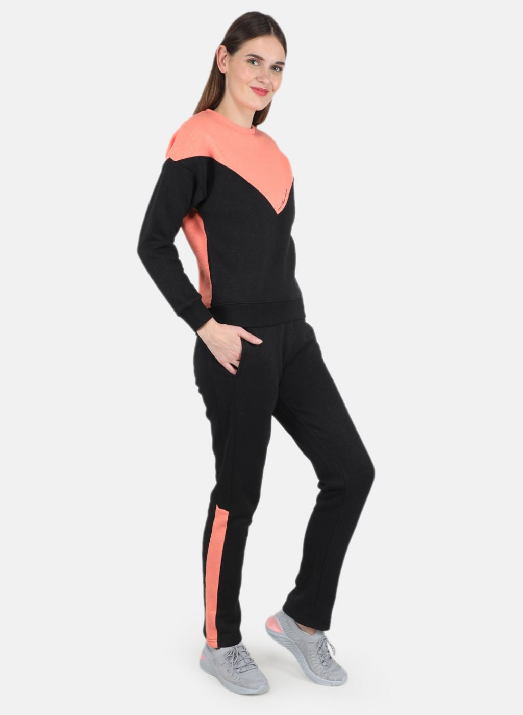 Women Black & Peach Printed Tracksuit