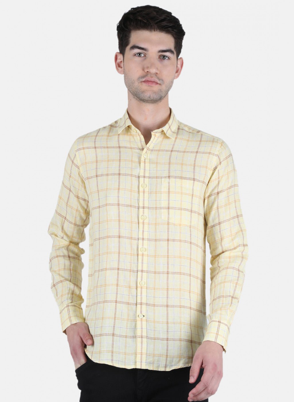 Men Yellow Check Linen Shirt