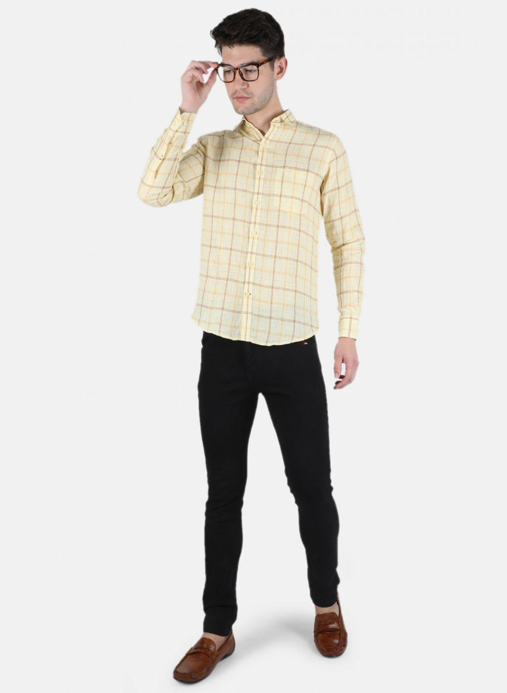 Men Yellow Check Linen Shirt