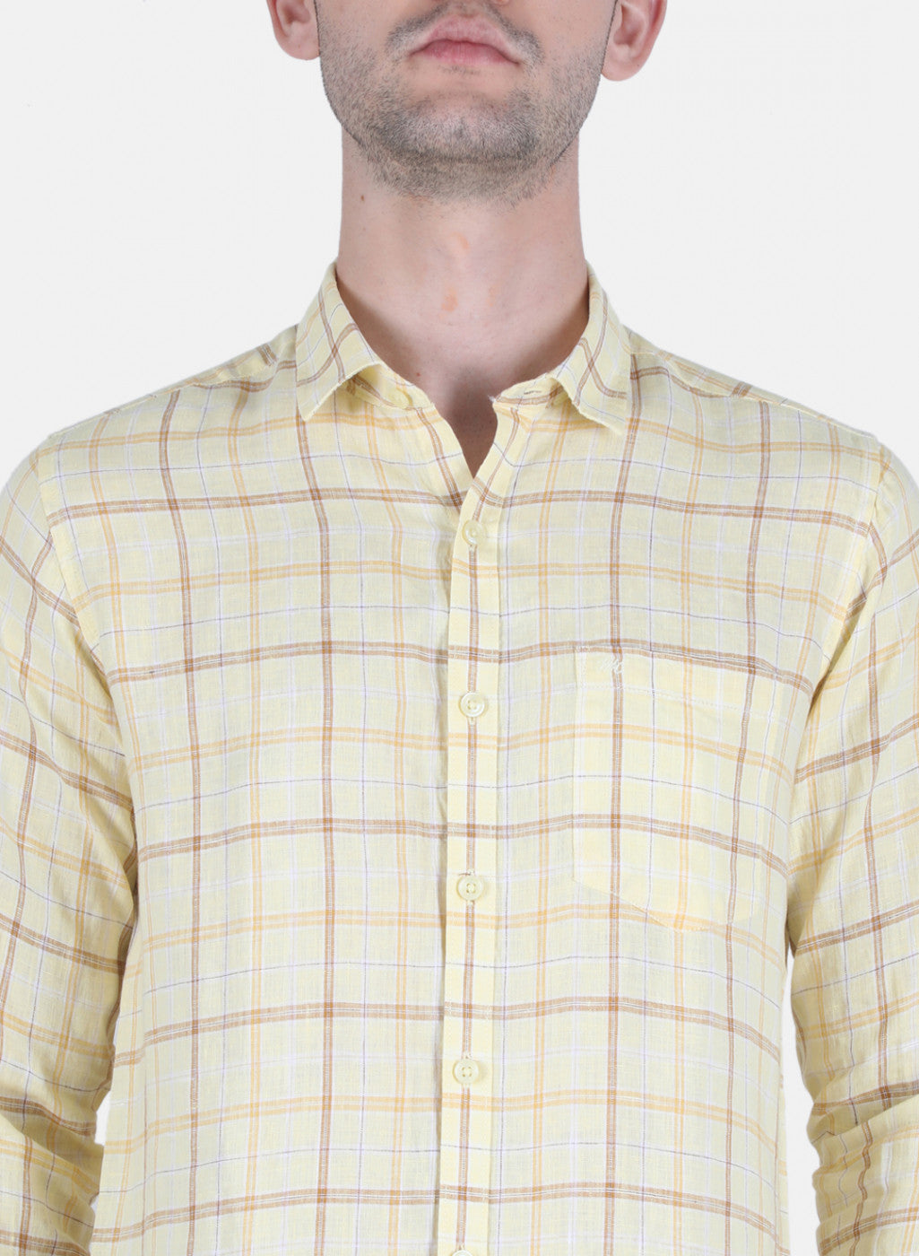 Men Yellow Check Linen Shirt