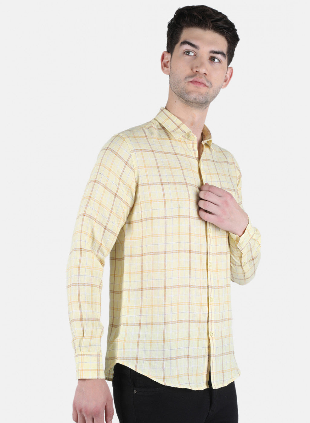 Men Yellow Check Linen Shirt