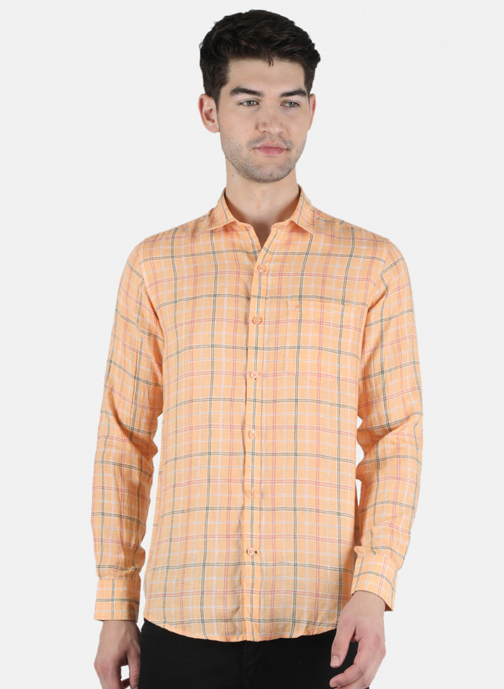 Men Orange Check Linen Shirt