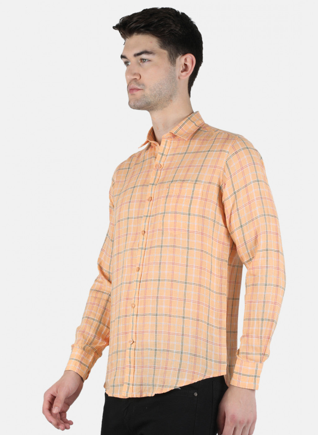Men Orange Check Linen Shirt