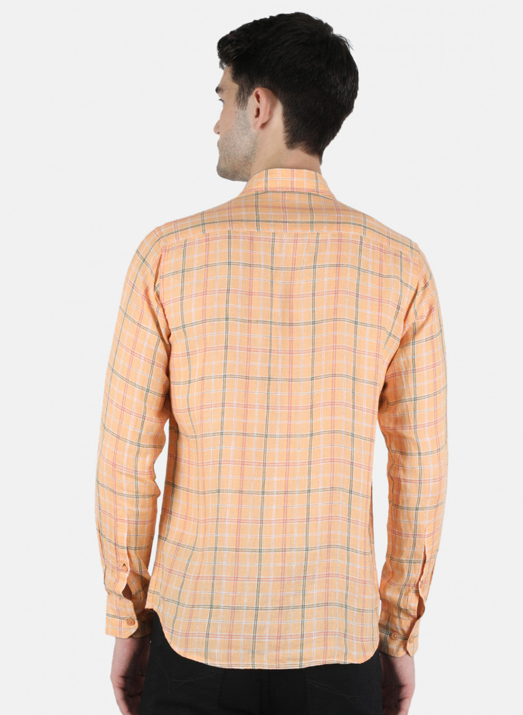 Men Orange Check Linen Shirt