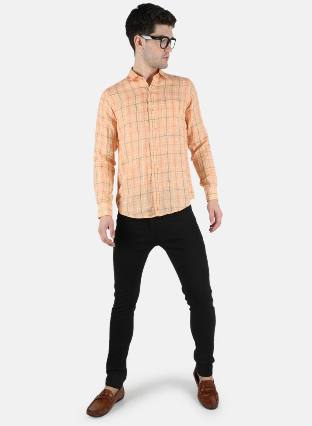 Men Orange Check Linen Shirt