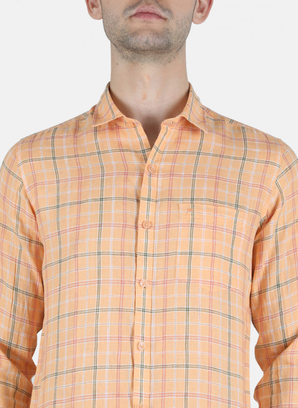 Men Orange Check Linen Shirt