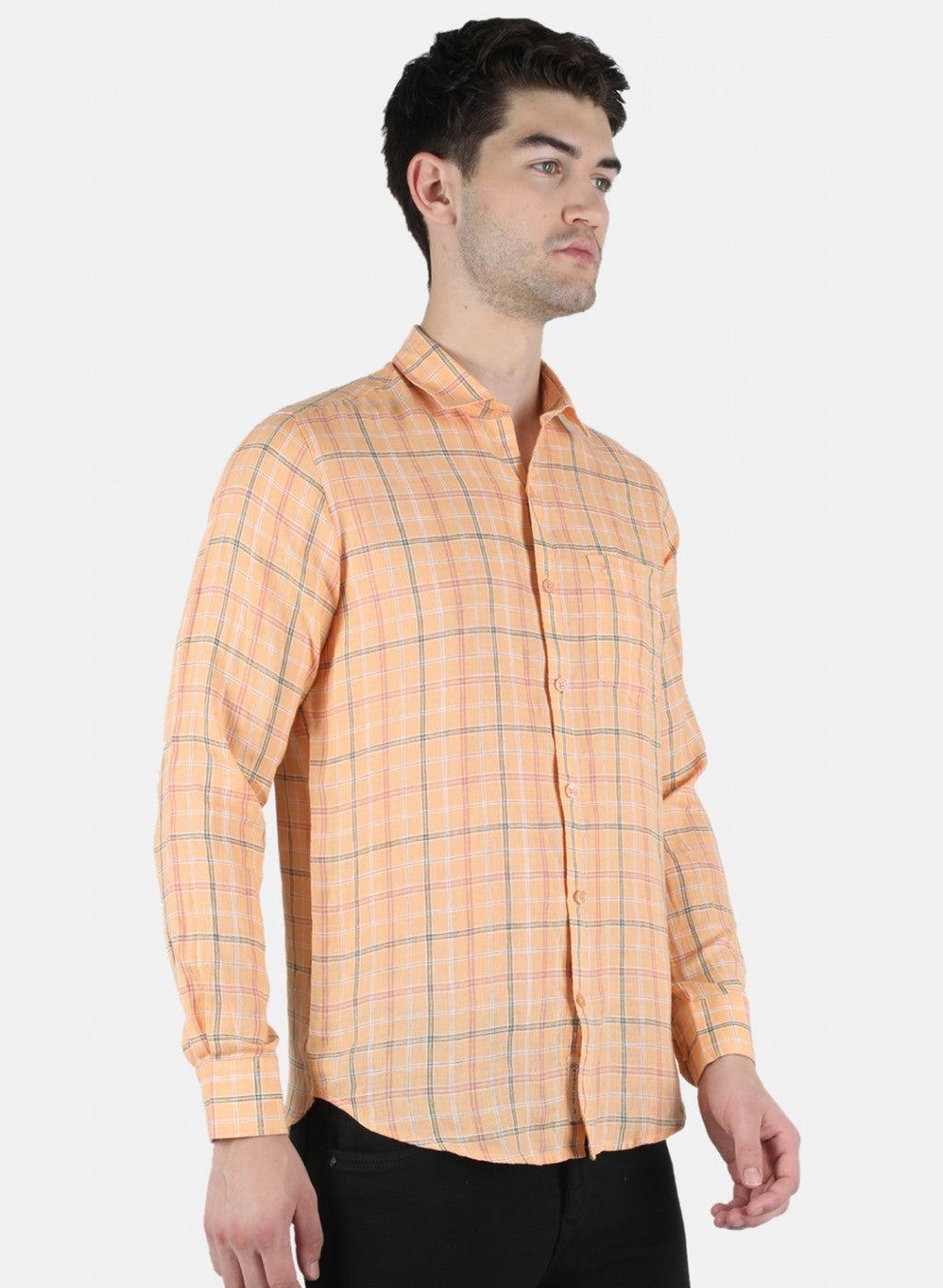 Men Orange Check Linen Shirt