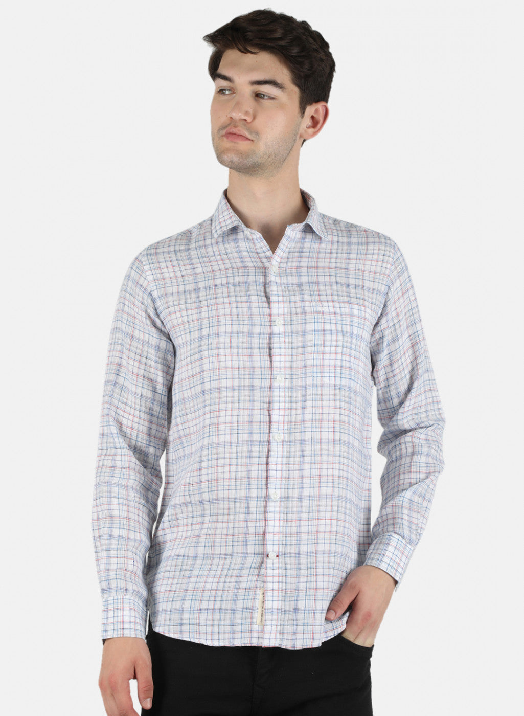 Men Blue Check Linen Shirt