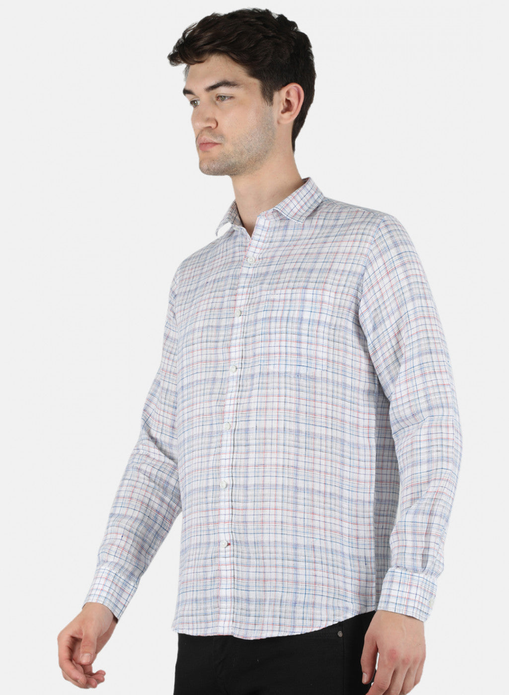 Men Blue Check Linen Shirt