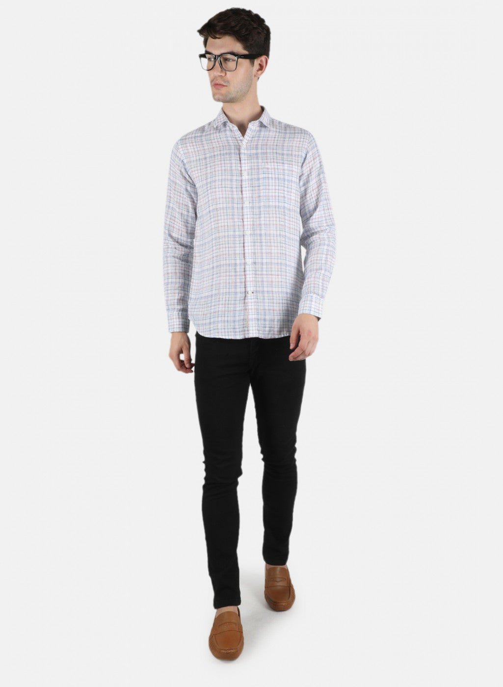 Men Blue Check Linen Shirt