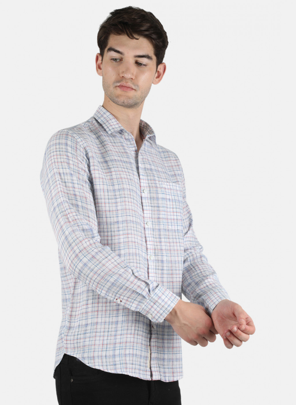 Men Blue Check Linen Shirt