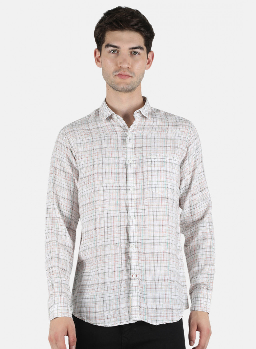 Men Brown Check Linen Shirt