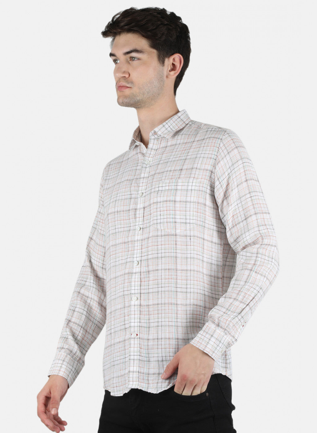 Men Brown Check Linen Shirt