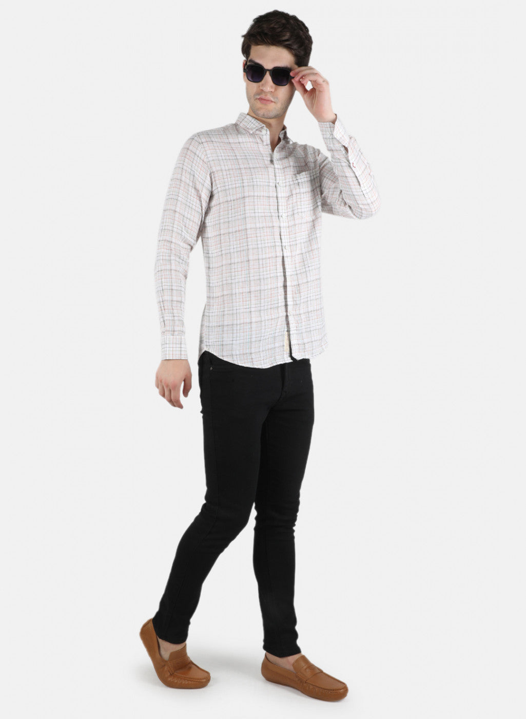 Men Brown Check Linen Shirt