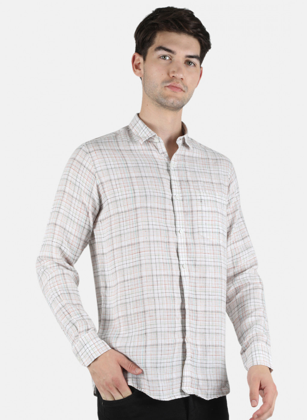 Men Brown Check Linen Shirt