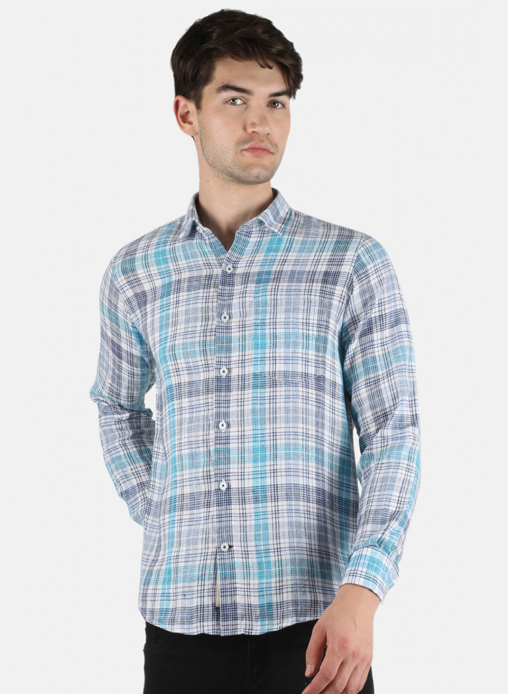 Men NAvy Blue Check Linen Shirt