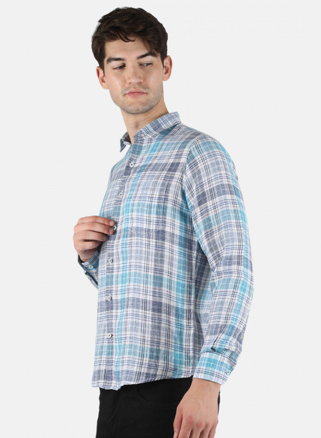 Men NAvy Blue Check Linen Shirt