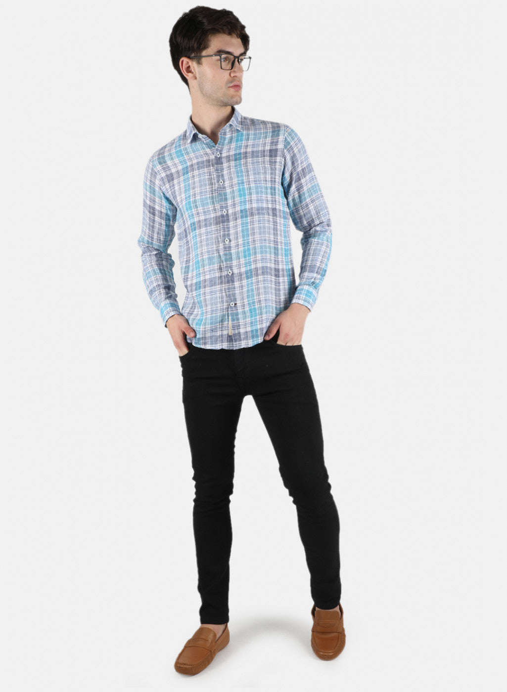 Men NAvy Blue Check Linen Shirt