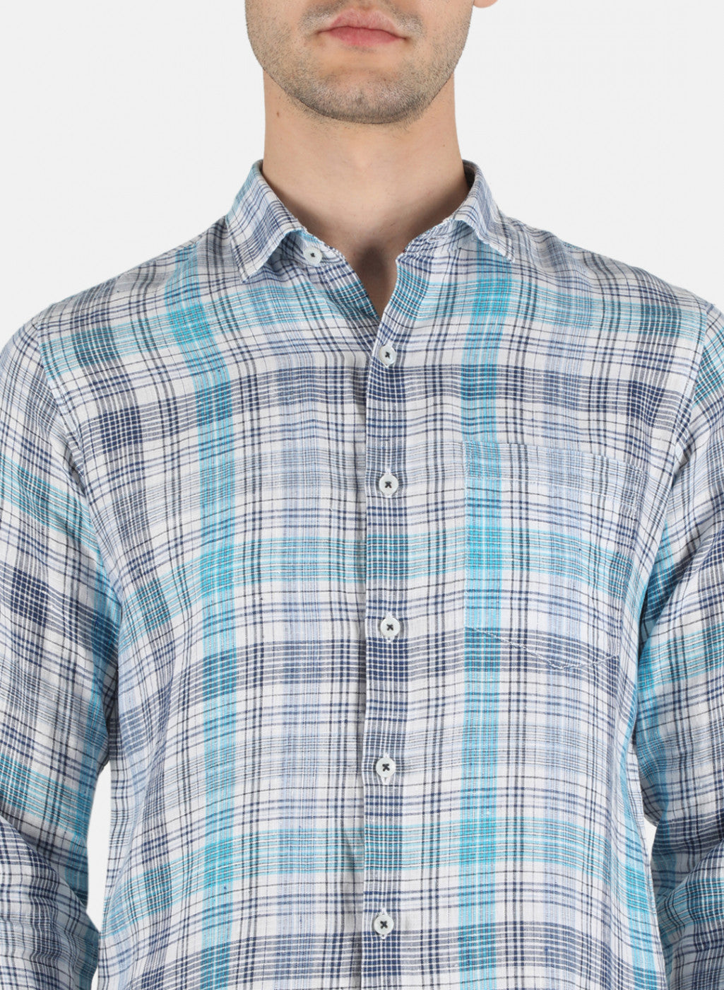 Men NAvy Blue Check Linen Shirt