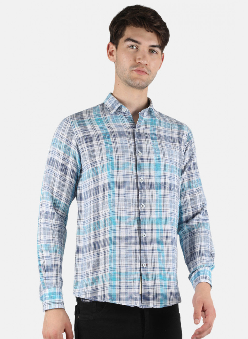 Men NAvy Blue Check Linen Shirt