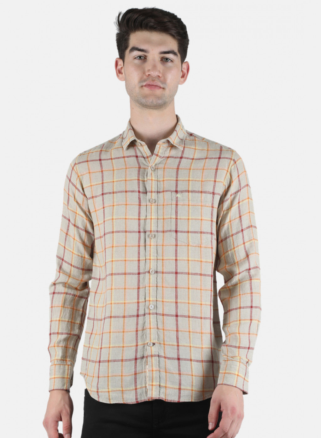 Men Beige Check Linen Shirt