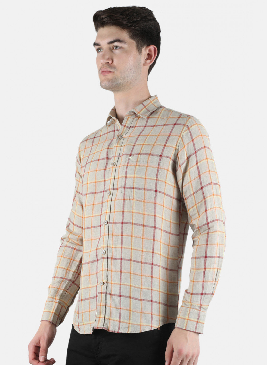 Men Beige Check Linen Shirt