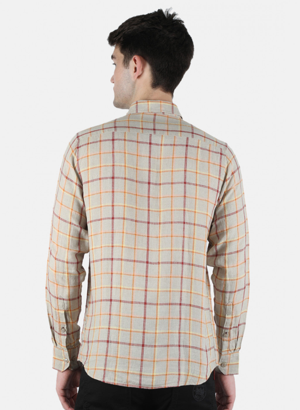 Men Beige Check Linen Shirt