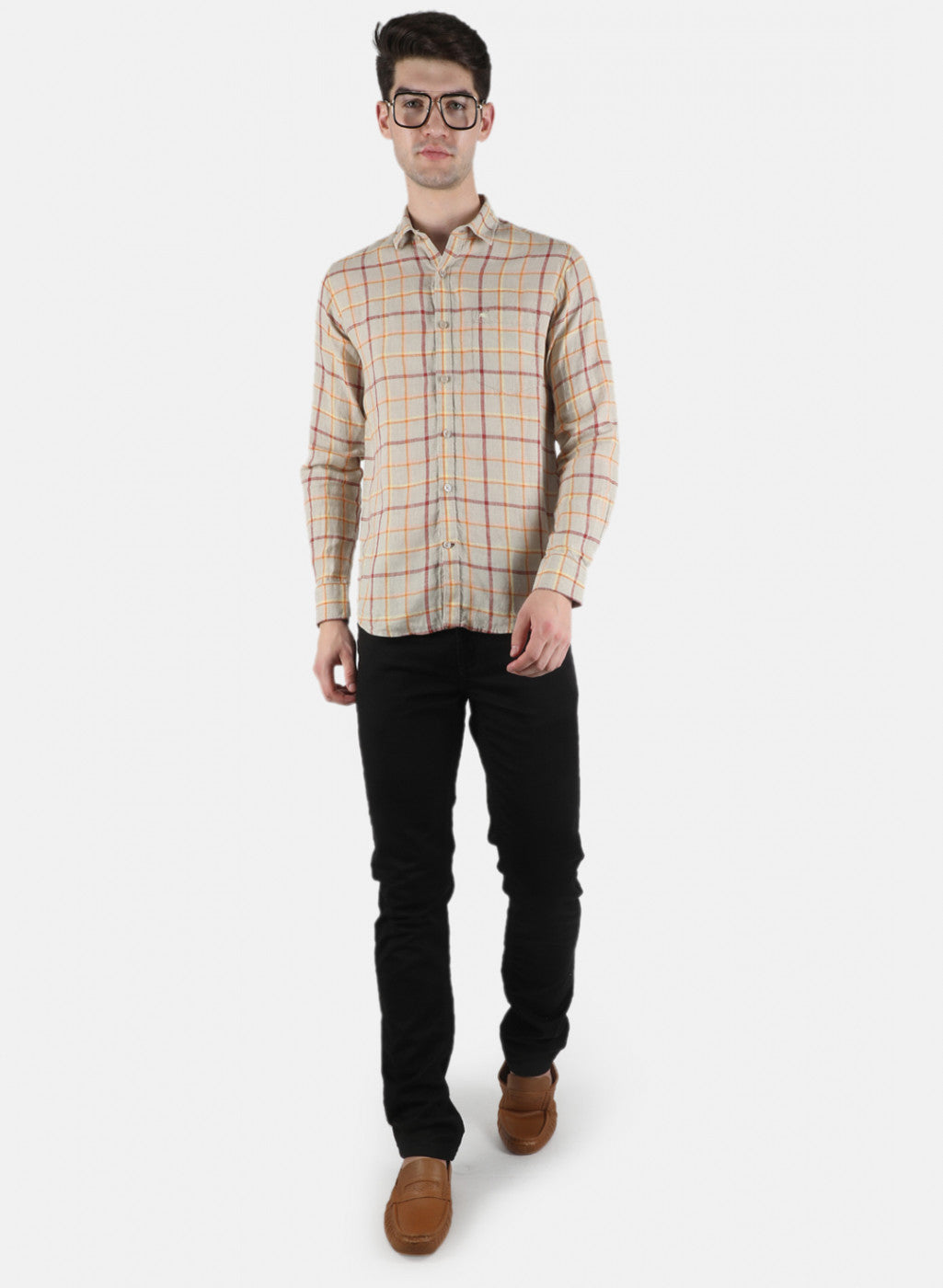 Men Beige Check Linen Shirt