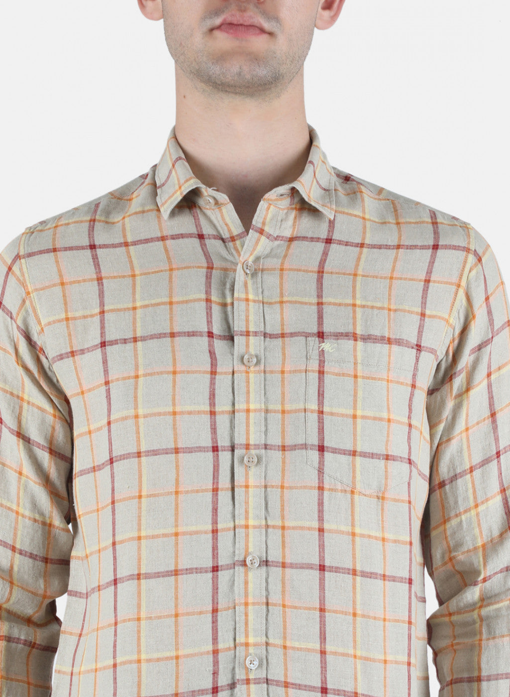 Men Beige Check Linen Shirt