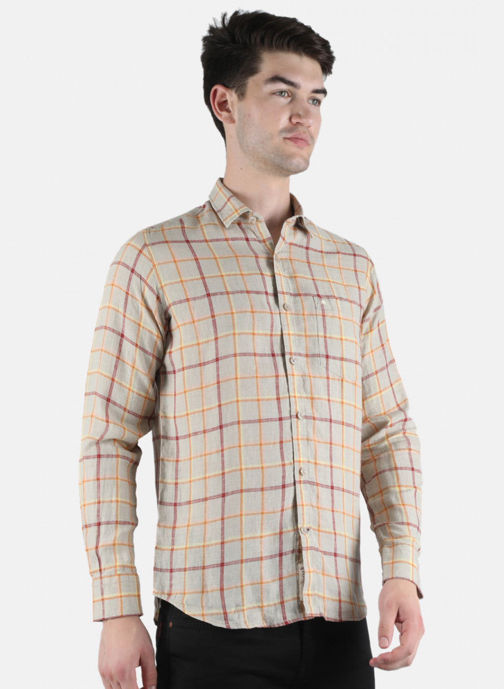Men Beige Check Linen Shirt