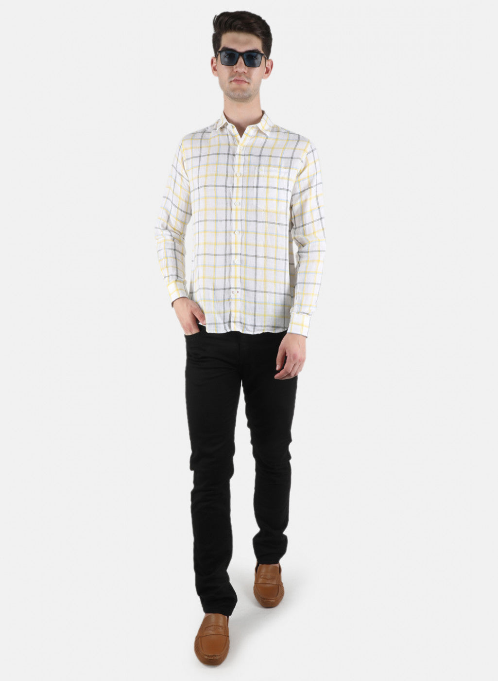 Men White Check Linen Shirt