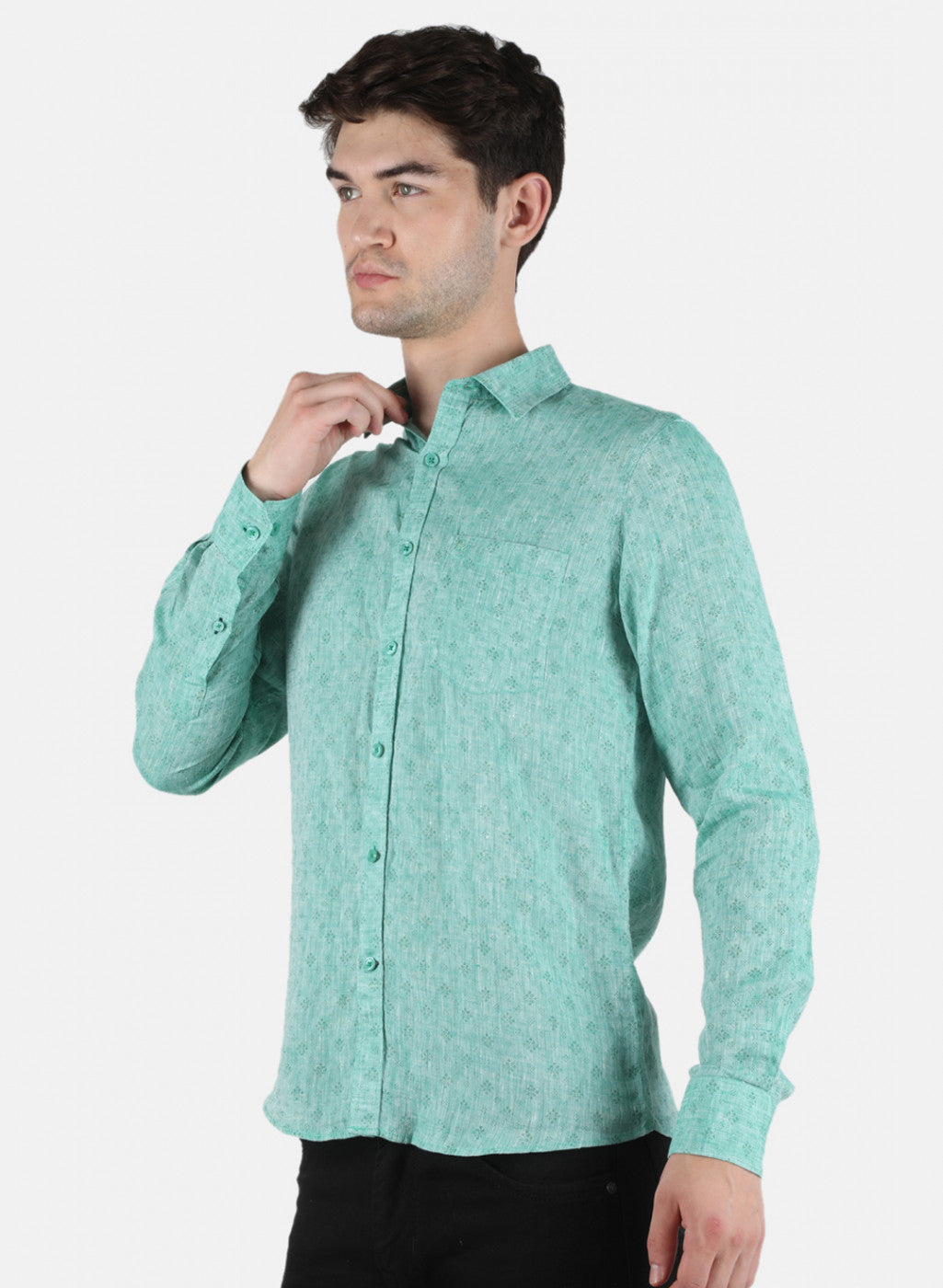 Men Green Printed Linen Shirt