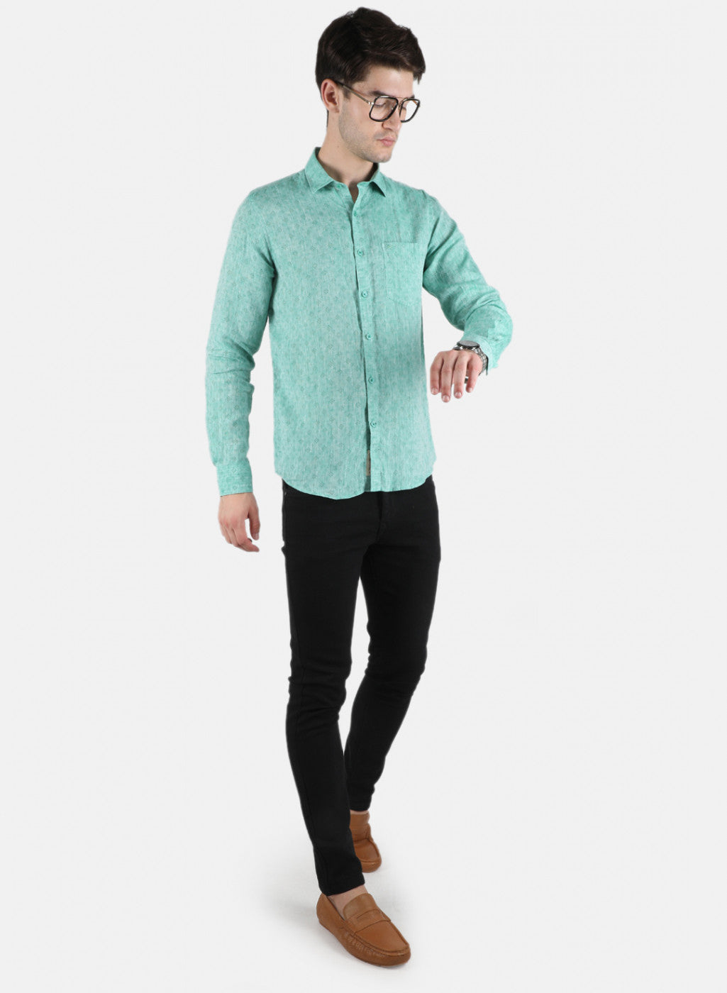 Men Green Printed Linen Shirt