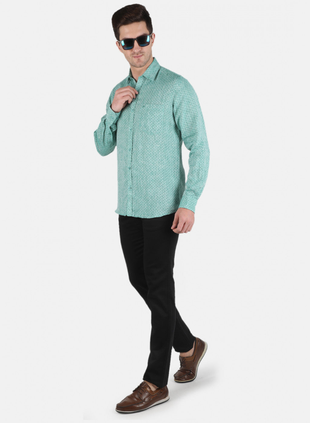 Men Green Printed Linen Shirt