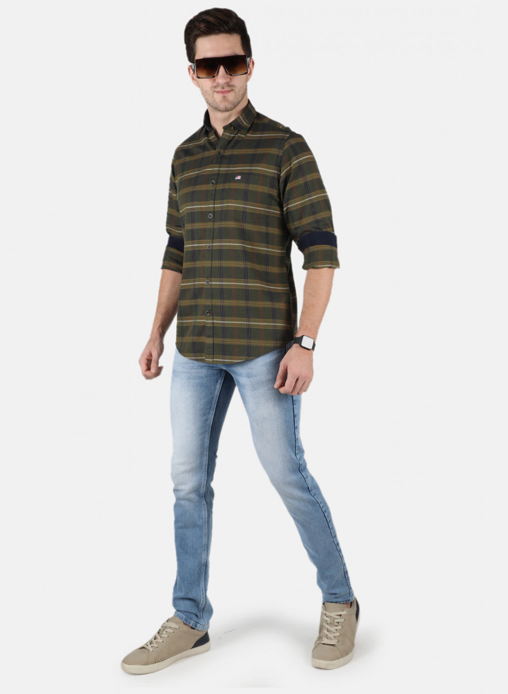 Men Olive Check Shirt