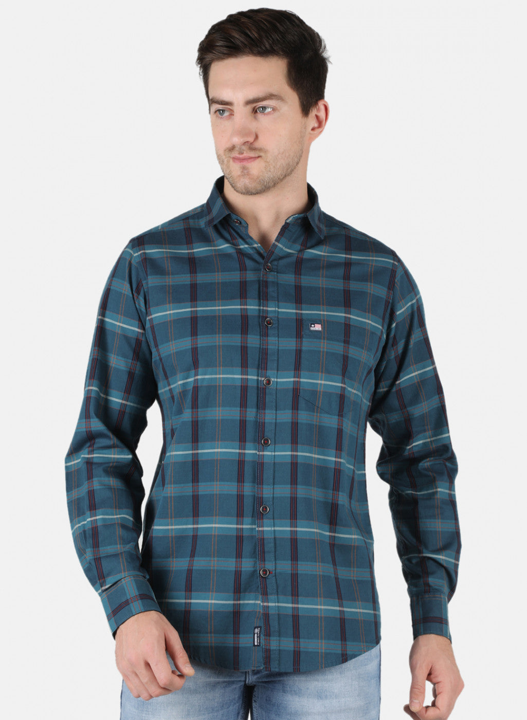 Men Teal Blue Check Shirt