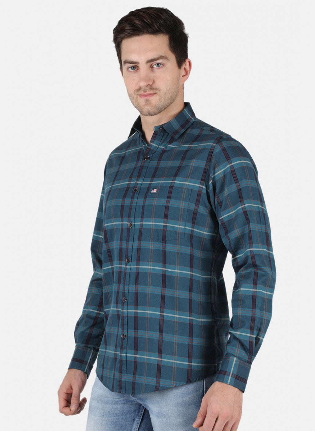 Men Teal Blue Check Shirt