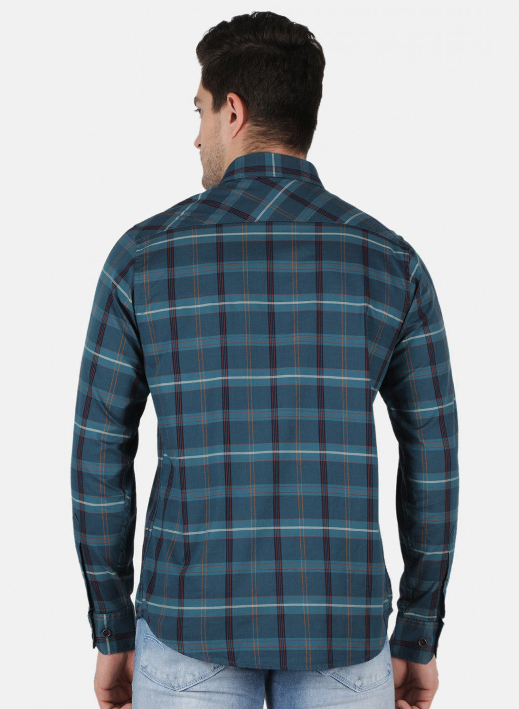 Men Teal Blue Check Shirt