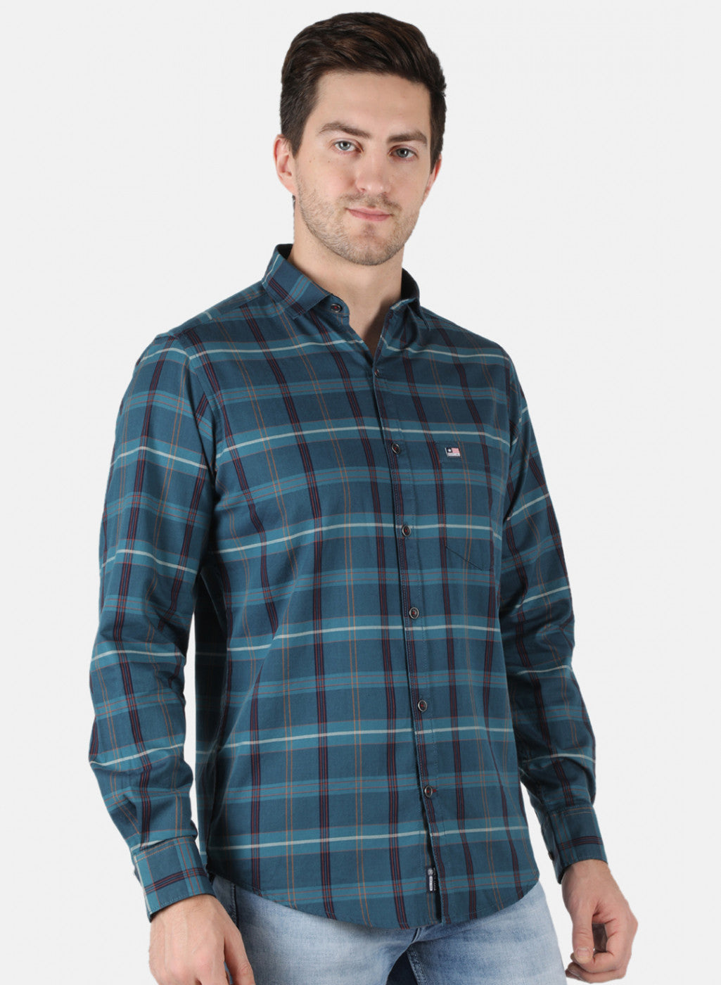 Men Teal Blue Check Shirt