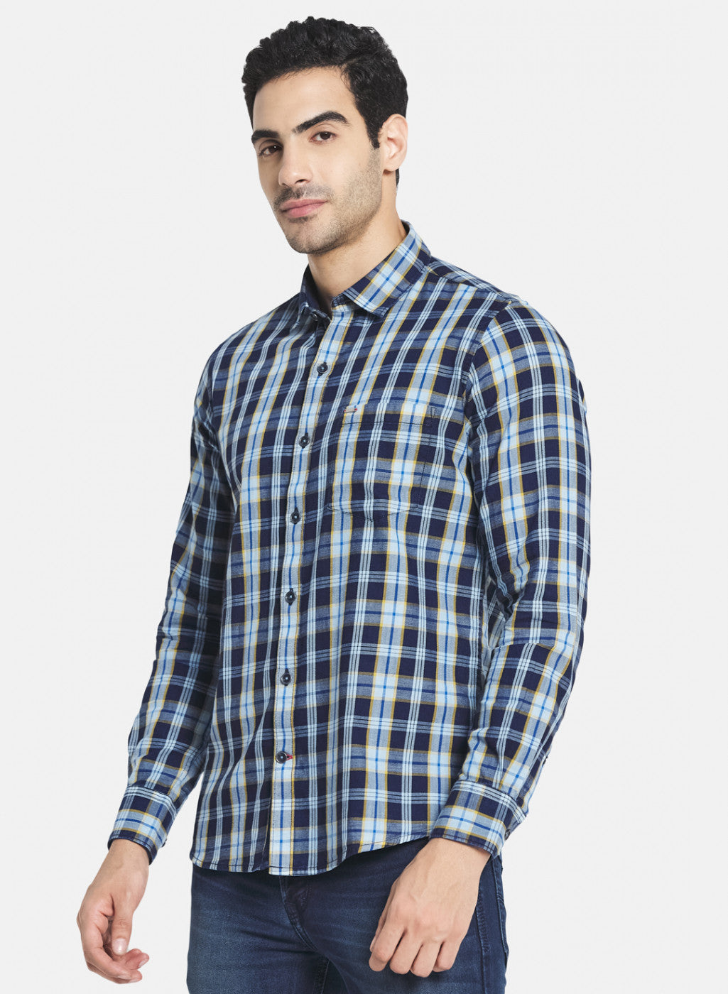 Men Blue & Yellow Check Shirt